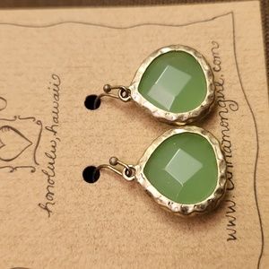 Brushed Brass faux Green Chalcedony Earrings